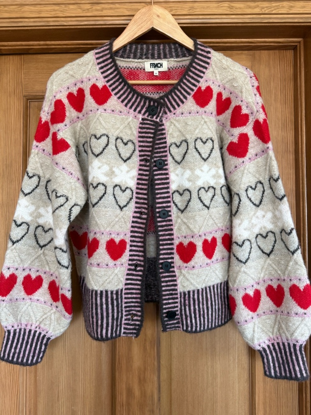 FRNCH Cream Cardigan with Red and Black Heart Motif